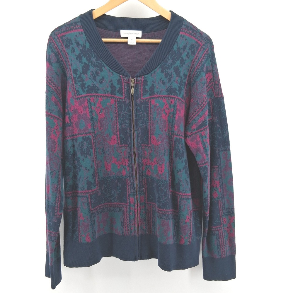 Christopher‎ & Banks Womens XL 100% Cotton Zip Front Cardigan Floral Patchwork